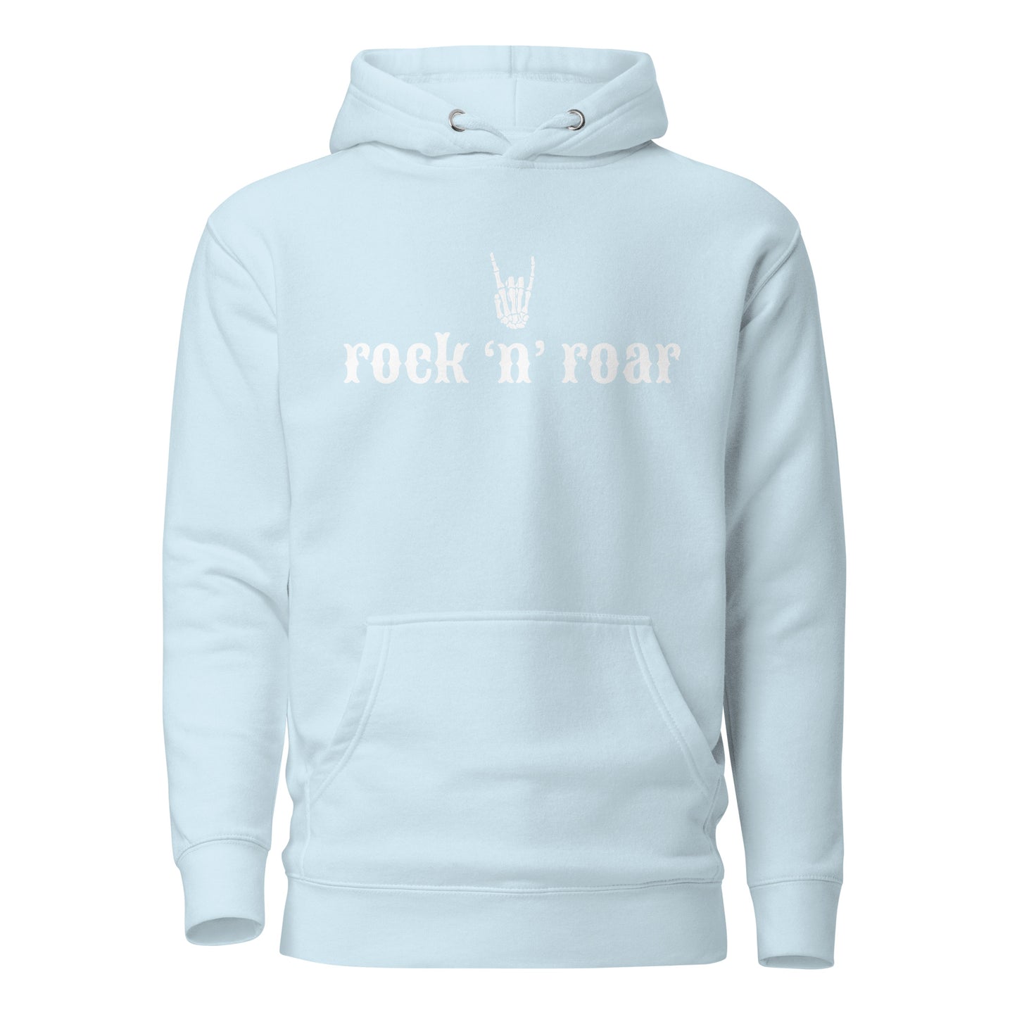 Rock ‘n’ Roar unisex hoodie in light blue, featuring bold lettering. Cozy streetwear inspired by pop culture and eco-friendly fashion.