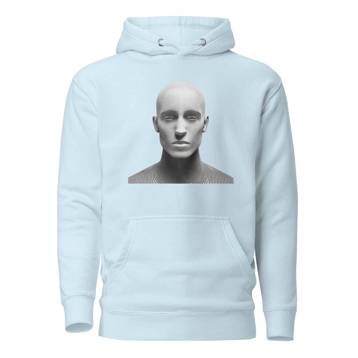 Unisex hoodie with digital face design, soft cotton, trendy streetwear fashion, eco-friendly apparel, statement piece for chilly days.