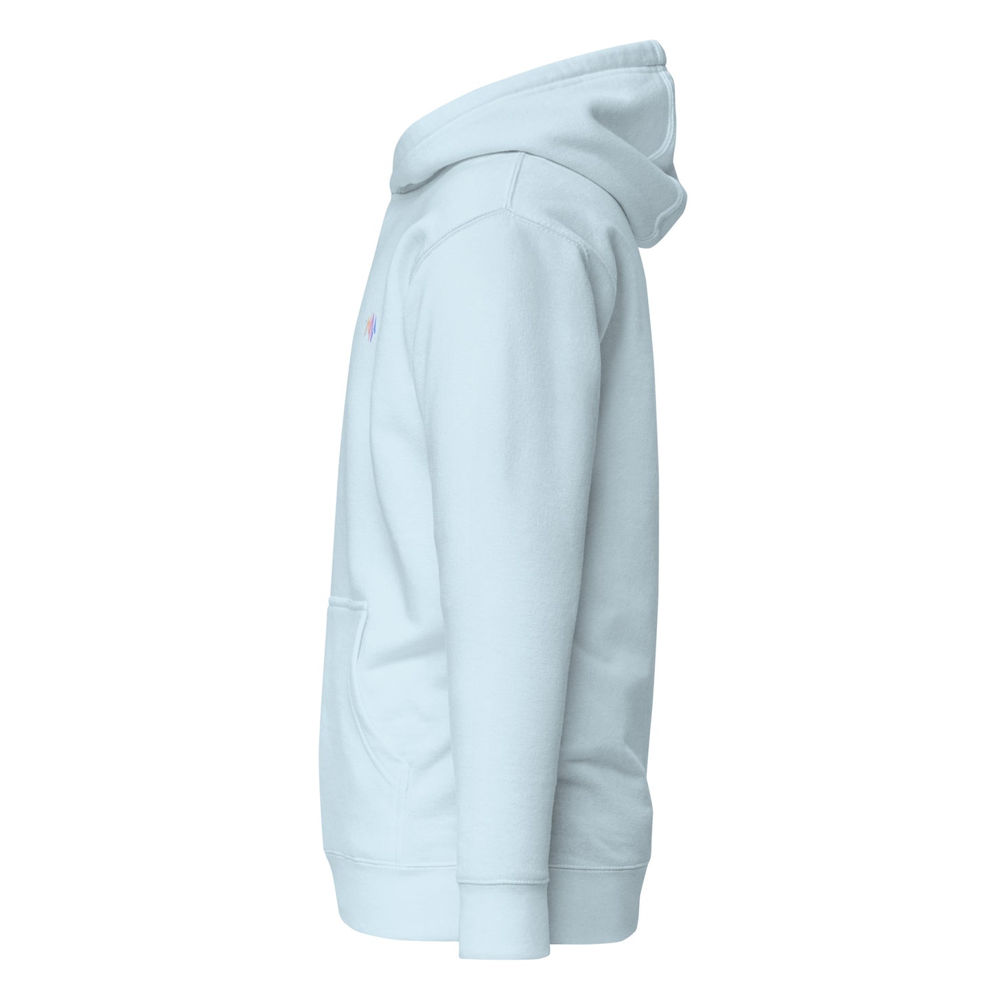 Side view of Splash of Melody Unisex Hoodie in light blue, featuring pouch pocket and hood, minimalist streetwear fashion design.