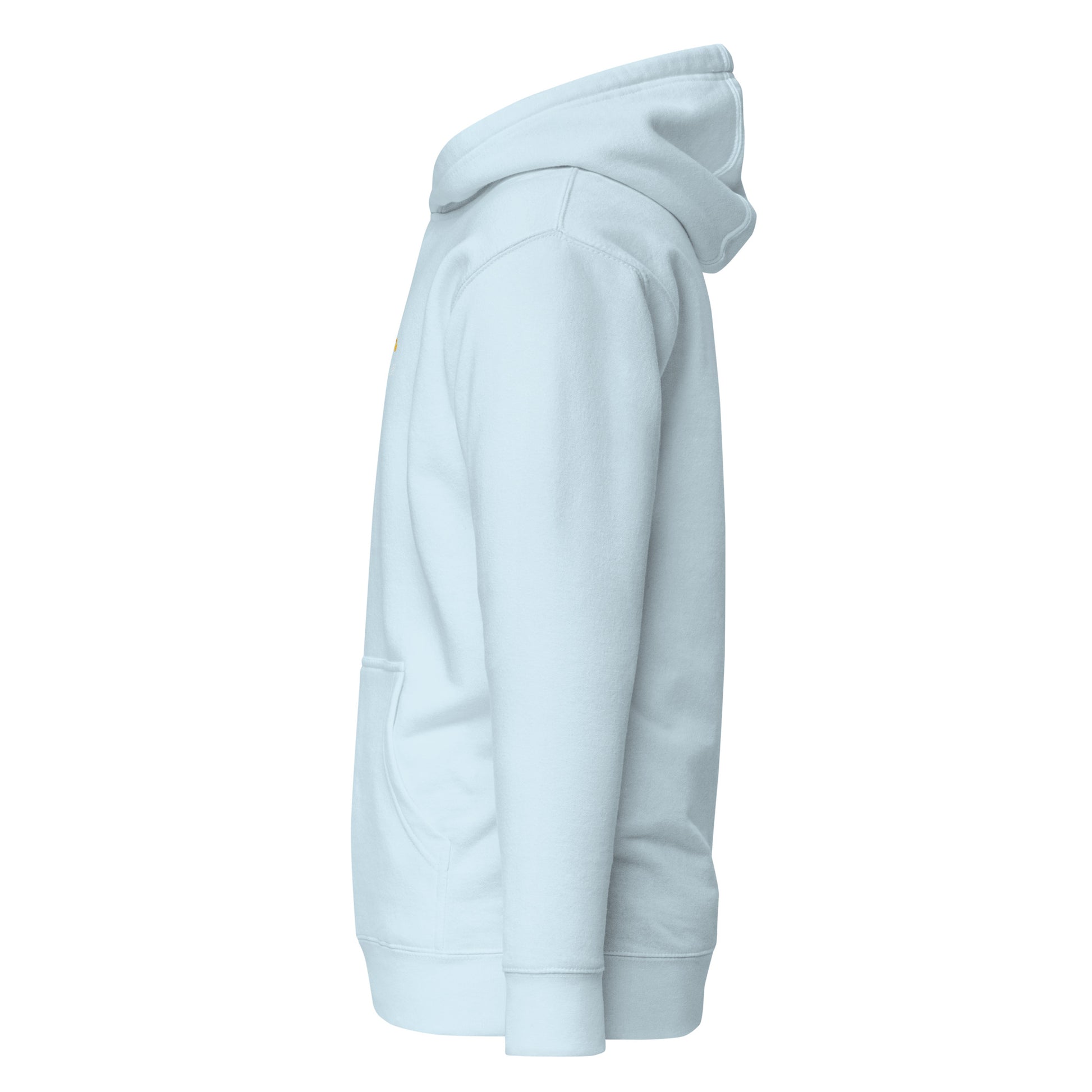 Unisex light blue hoodie with front pouch pocket and hood, perfect for streetwear fashion and sustainable lifestyle choices.