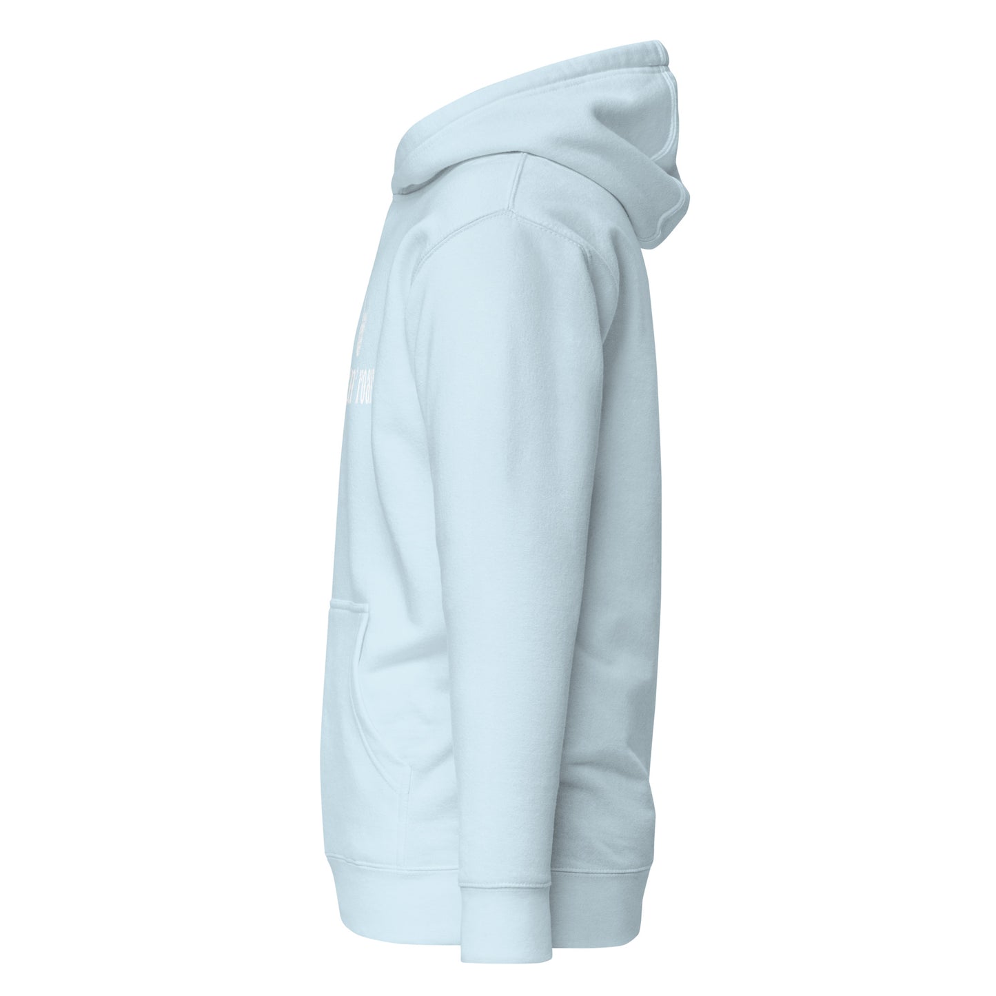 Rock ‘n’ Roar Unisex Hoodie in pastel blue, side view, showcasing minimalist custom design, eco-friendly streetwear fashion.