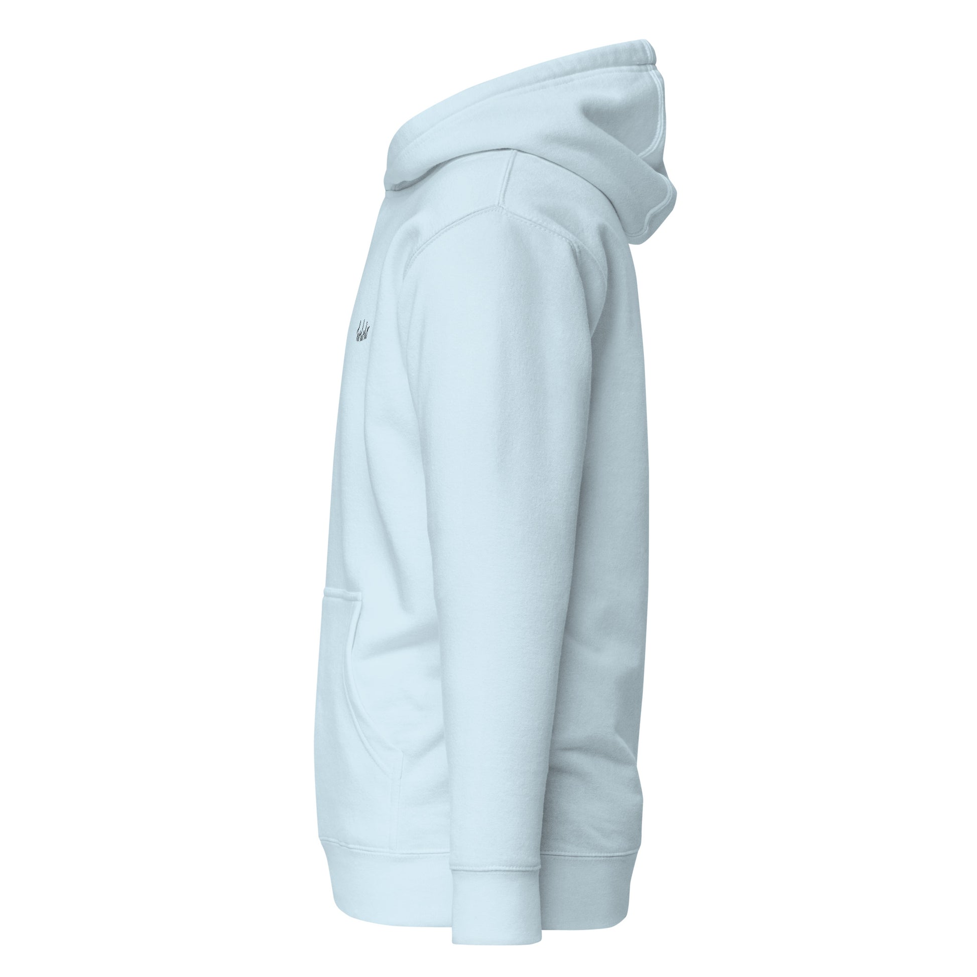 Side view of Santa's ho ho ho Unisex Hoodie in light blue, featuring a front pocket and hood. Eco-friendly and trendy streetwear fashion.