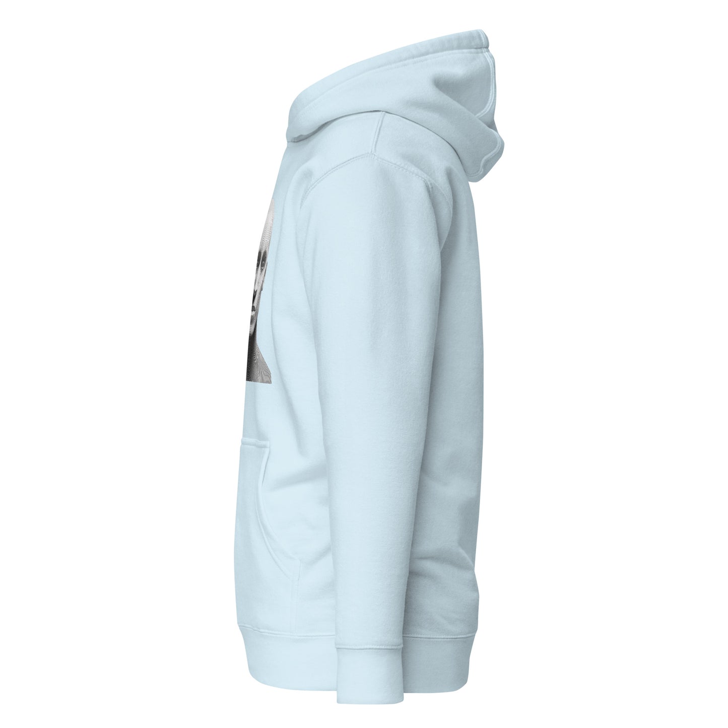 Side view of a pale blue unisex hoodie featuring a graphic design, showcasing minimalist streetwear fashion and sustainable fabric.