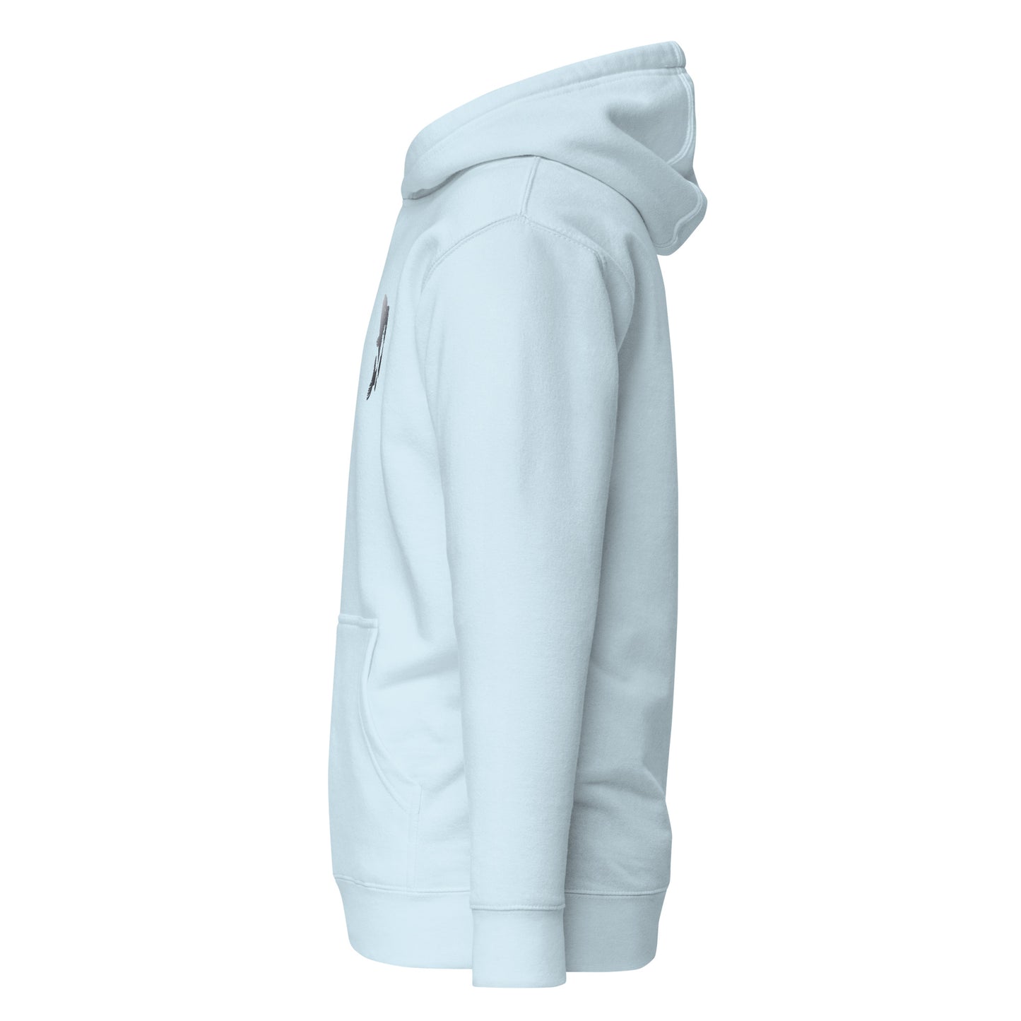 Unisex light blue hoodie side view, trendy streetwear with pouch pocket and hood, eco-friendly fashion piece