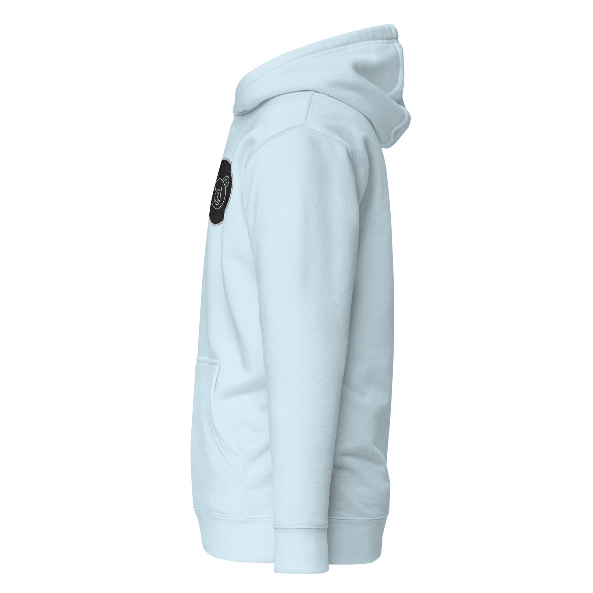 Unisex hoodie side view, soft cotton blend, stylish design, ideal for streetwear enthusiasts, sustainable and trendy fashion piece.