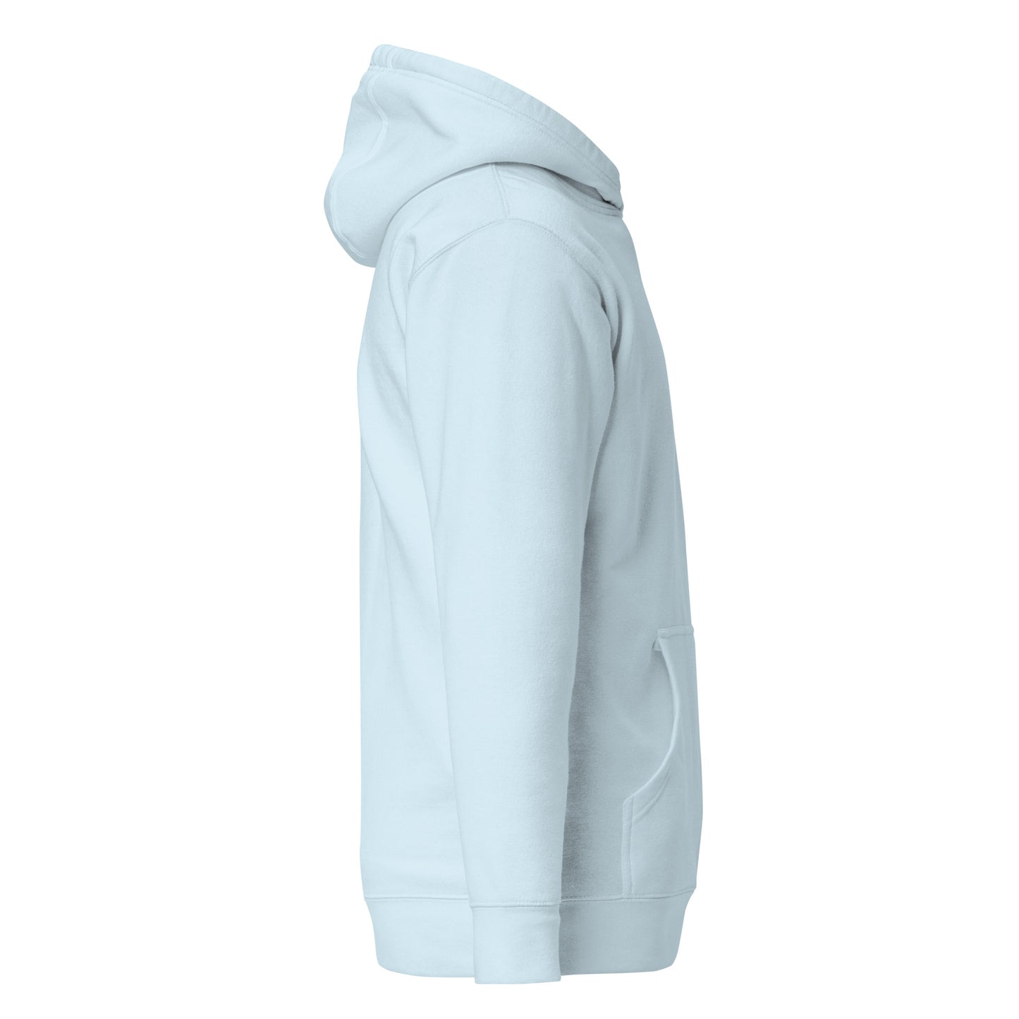 Unisex hoodie side view in soft blue, featuring pouch pocket and warm hood, ideal for streetwear and sustainable fashion enthusiasts.