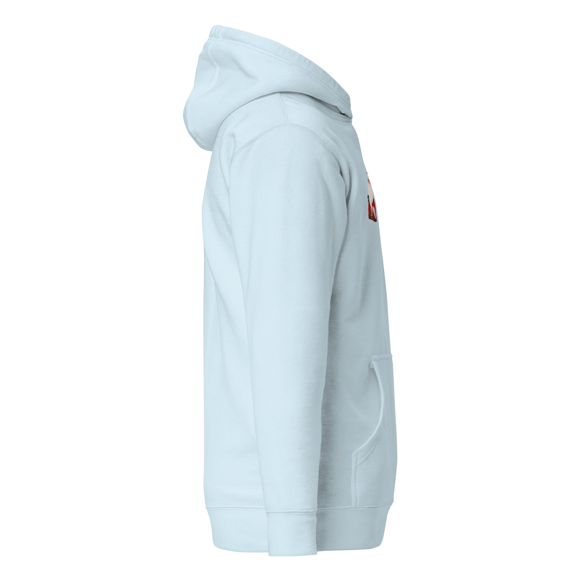 Side view of light blue unisex hoodie featuring a cozy hood and front pouch pocket, perfect for casual streetwear and sustainable fashion.