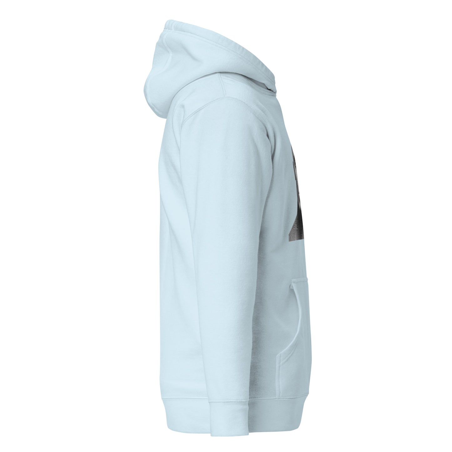 Unisex hoodie in light blue with side view, featuring pouch pocket and warm hood, perfect for eco-friendly streetwear and casual fashion.