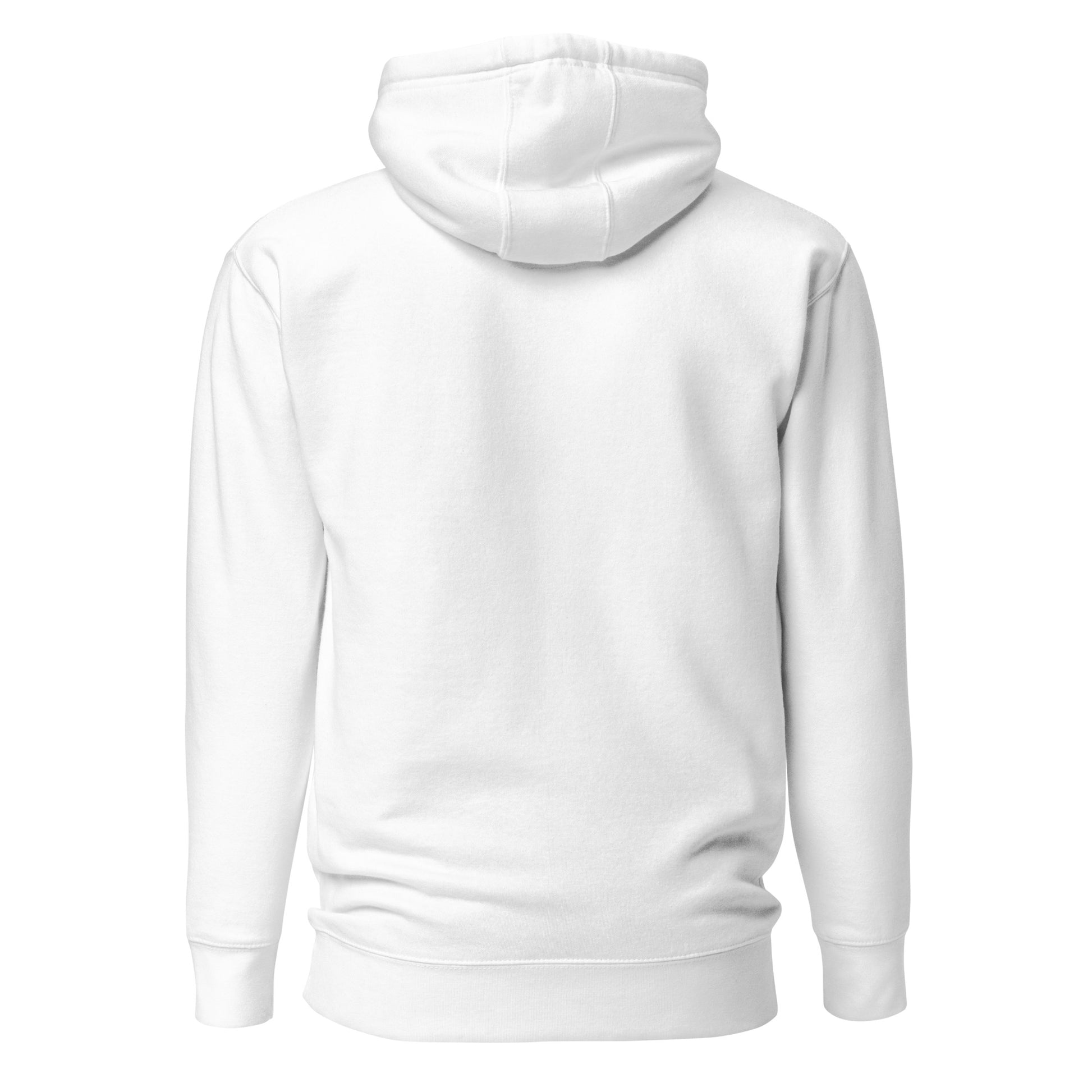 Unisex white hoodie back view, minimalist streetwear design, eco-friendly custom apparel, perfect for casual wear and gift ideas.