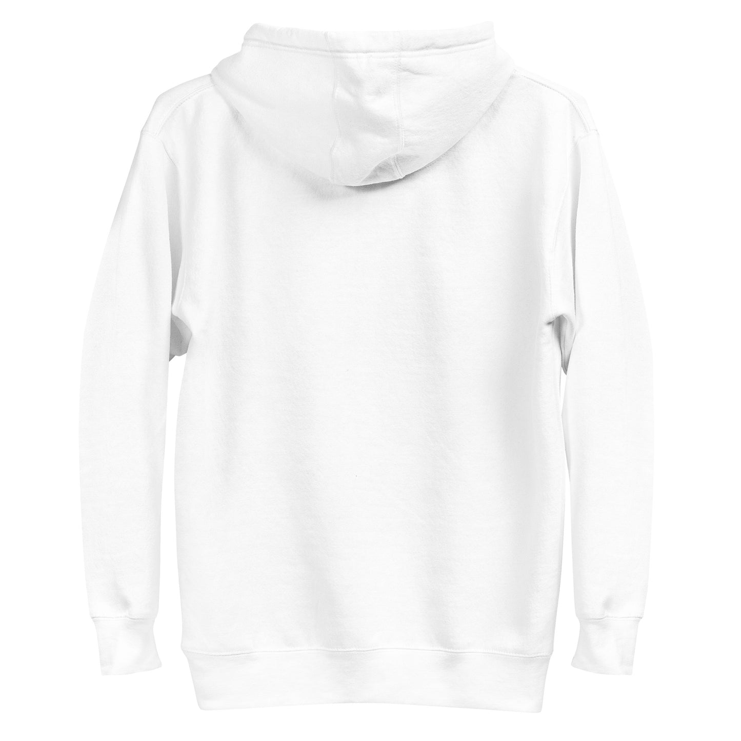 Back view of white unisex hoodie with hood and cuffs, eco-friendly fashion and minimalist design for casual wear.