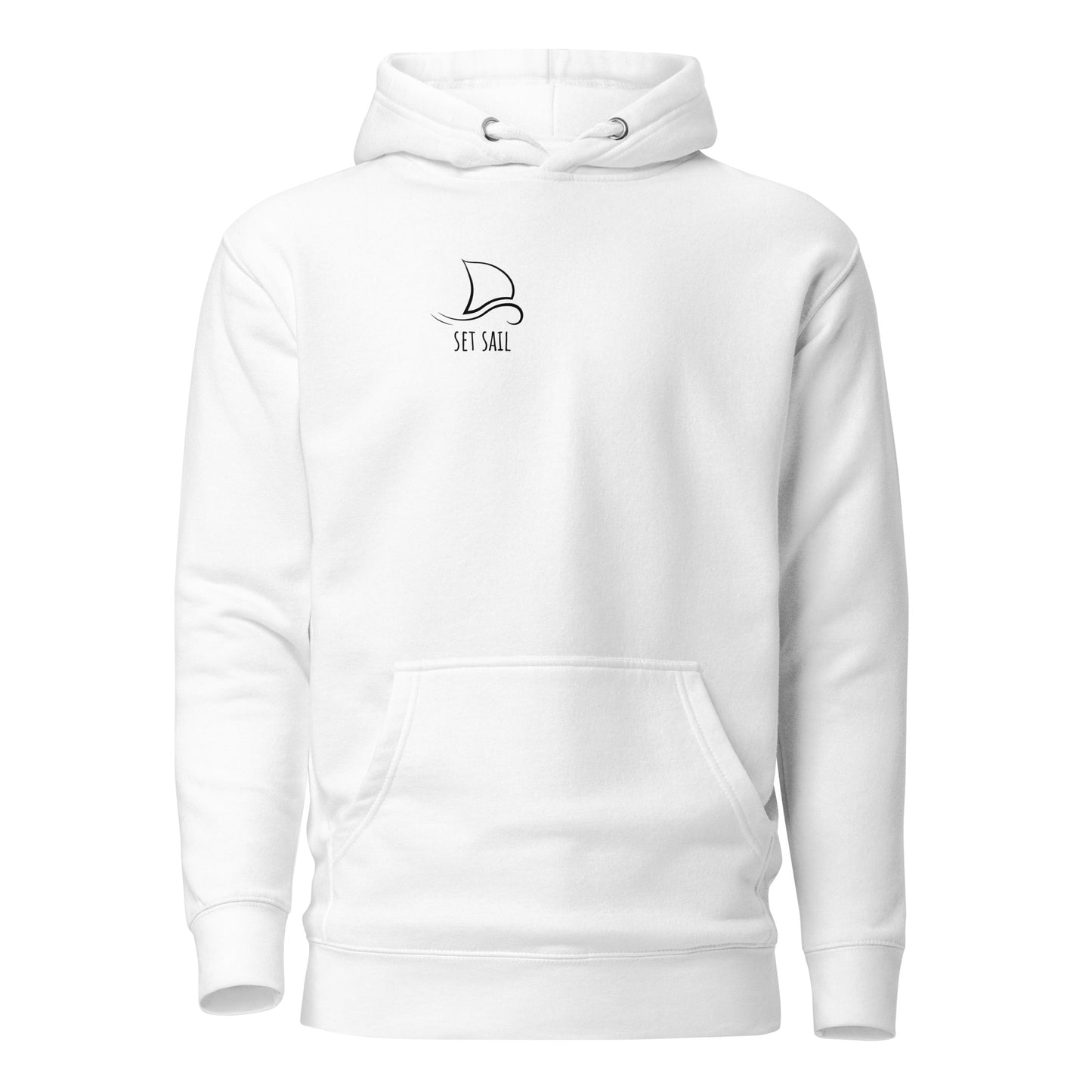 Unisex hoodie with a minimalist sailboat design, featuring a front pouch pocket. Perfect for eco-friendly streetwear fashion.