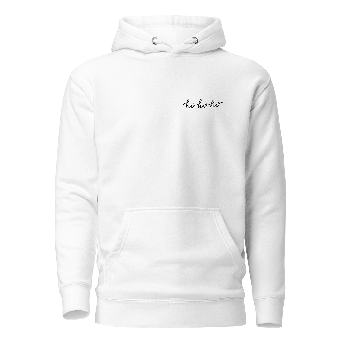 White unisex hoodie with "ho ho ho" text, featuring a cozy front pocket and hood. Perfect for casual streetwear and eco-friendly fashion.