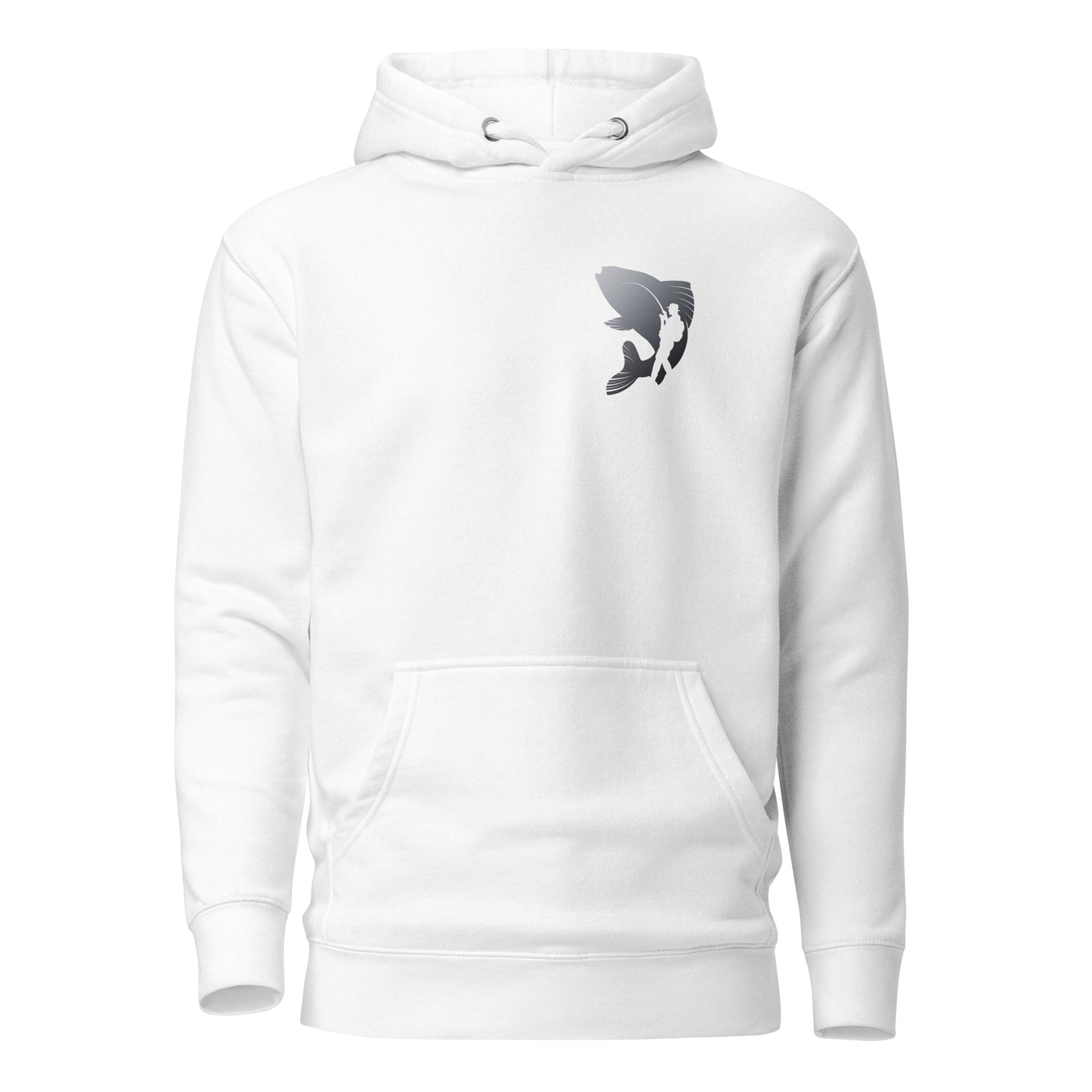 White unisex hoodie with bold graphic design, featuring pouch pocket and hood, perfect for unique, eco-friendly streetwear fashion.