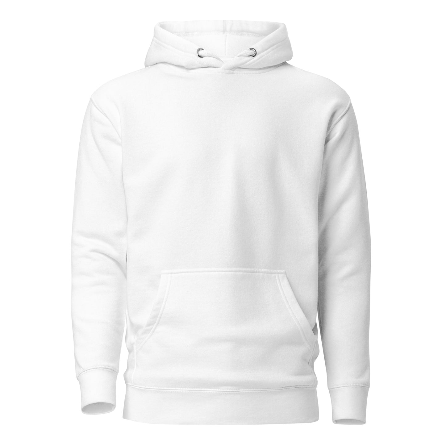 White unisex hoodie with pouch pocket, perfect for trendy sustainable fashion and streetwear lovers. Ideal for custom eco-friendly designs.