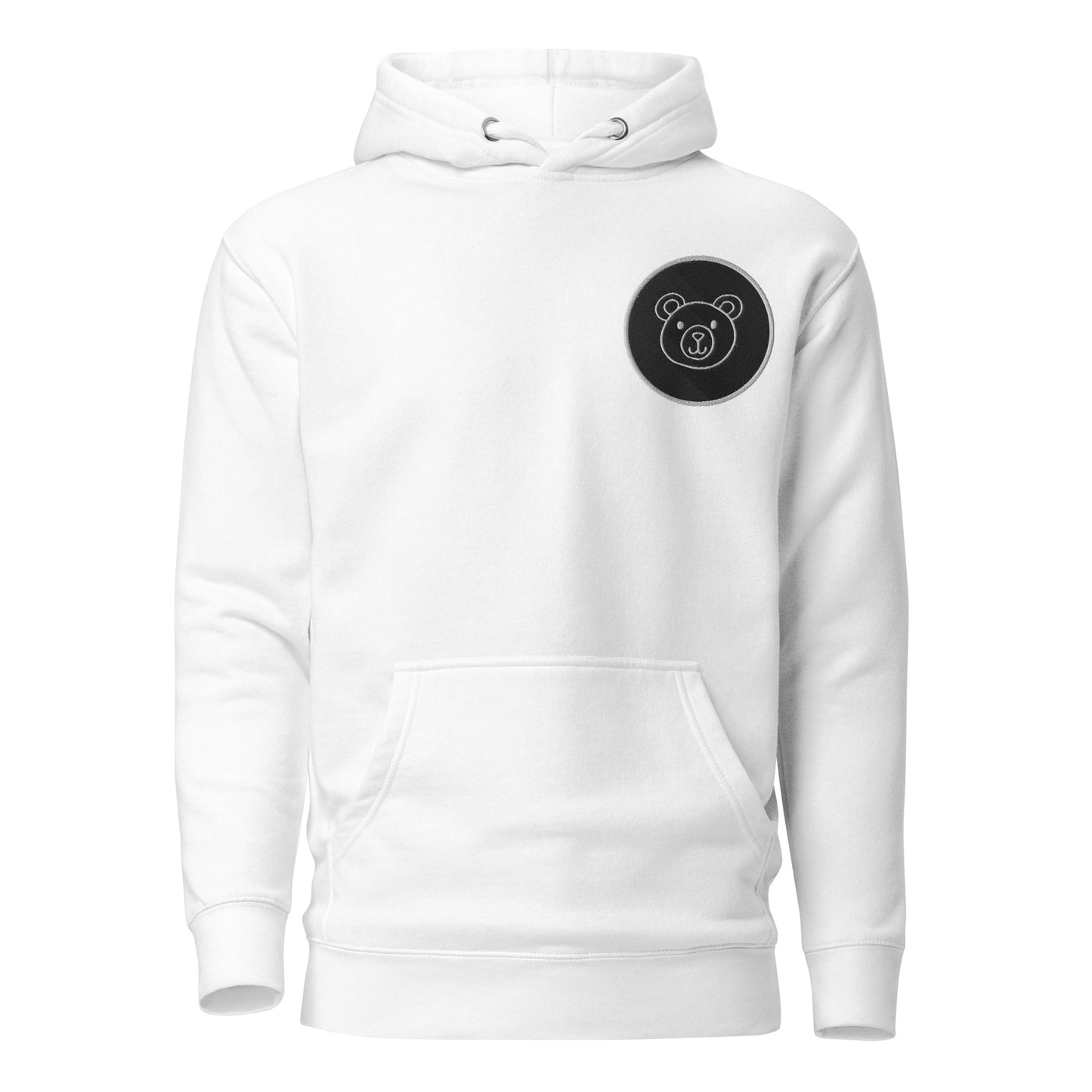 White unisex hoodie with bear design, featuring pouch pocket and hood, perfect for streetwear and eco-friendly fashion enthusiasts.