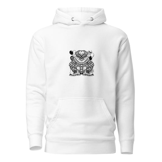 Sinister clown grin Unisex Hoodie - LUDE fashion, streetwear, unique designs, custom apparel, gift ideas, trendy, eco-friendly, statement pieces, graphic tees, sustainable fashion, minimalist, pop culture, creative prints, bold designs, limited edition, casual wear, artistic, lifestyle