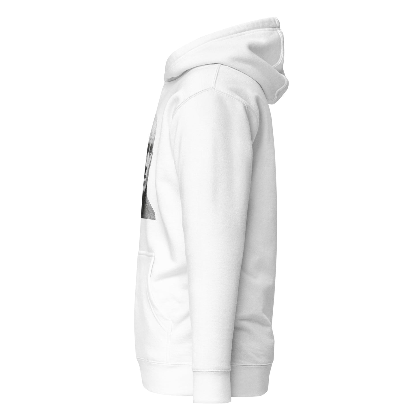 Side view of unisex white hoodie with graphic design, featuring a pouch pocket and hood. Perfect for streetwear and sustainable fashion lovers.