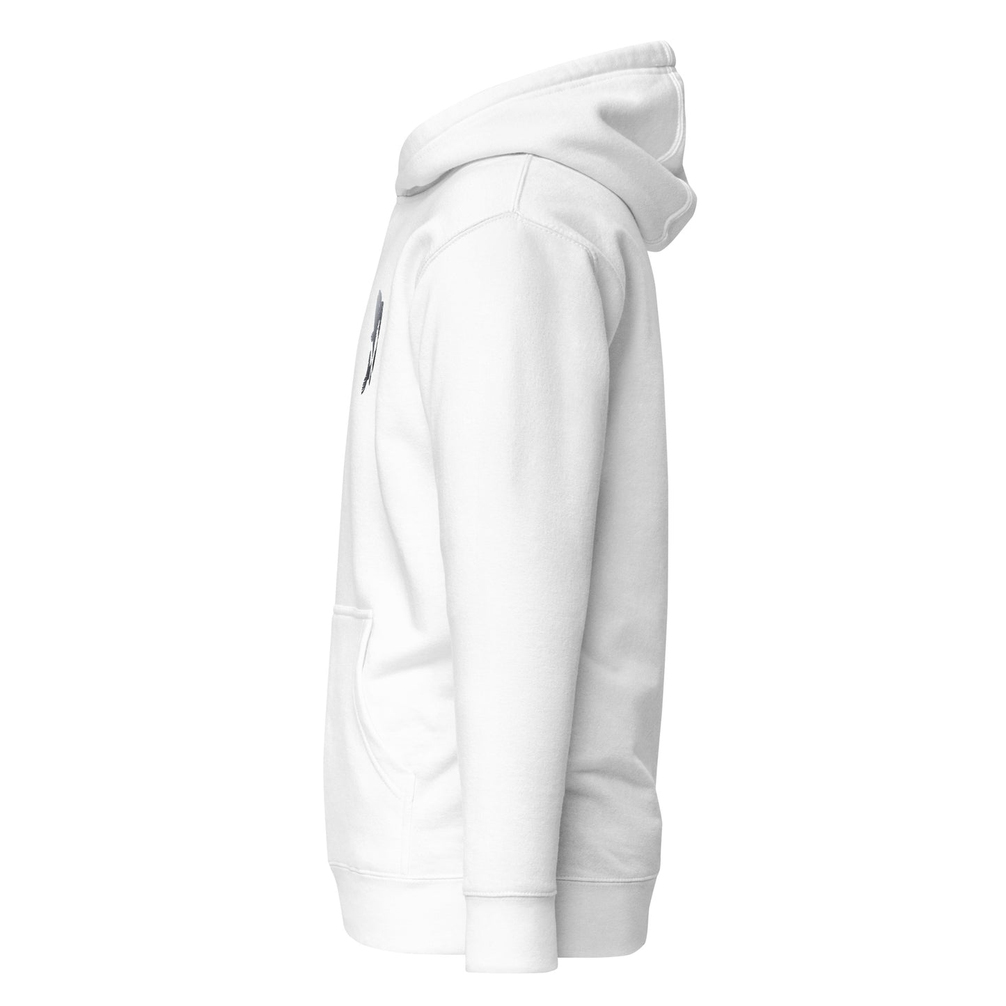 White unisex hoodie side view with pouch pocket, part of sustainable and trendy streetwear fashion collection.