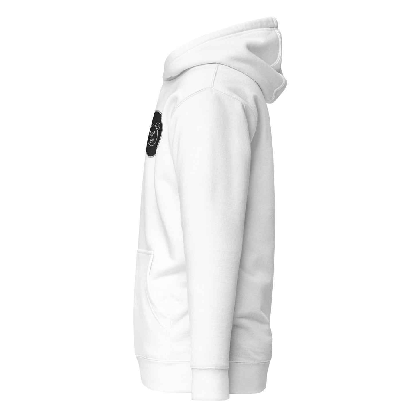 Side view of Stitched Beary Adorable Unisex Hoodie in white, featuring a unique graphic design and eco-friendly materials for trendy streetwear fashion.