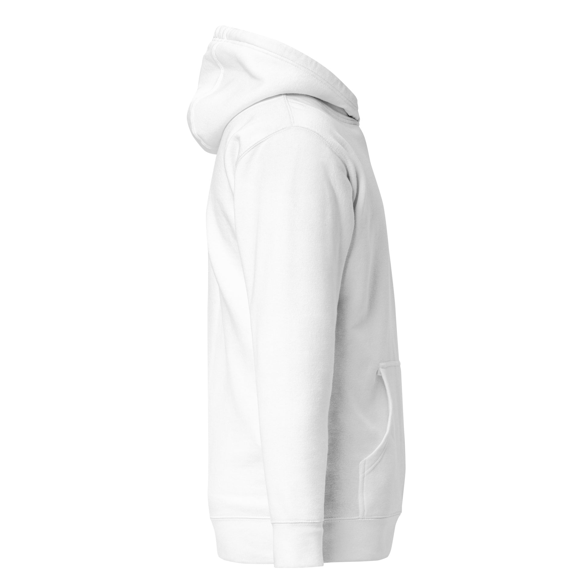 White unisex hoodie side view, soft 100% cotton face, pouch pocket, minimalist design, trendy, sustainable streetwear fashion.