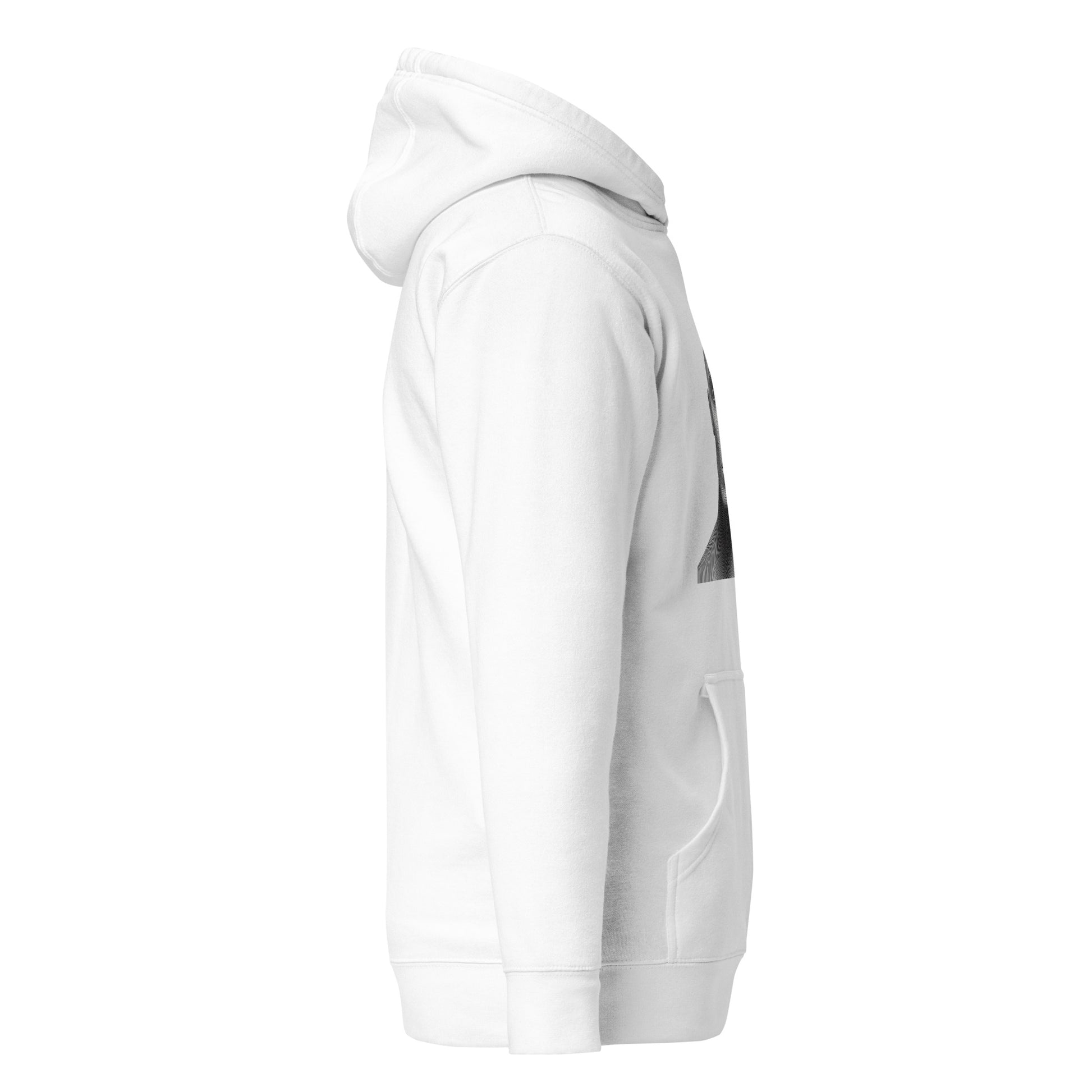 Unisex digital mind hoodie side view, eco-friendly cotton blend with front pouch, minimalist streetwear for casual fashion lovers.