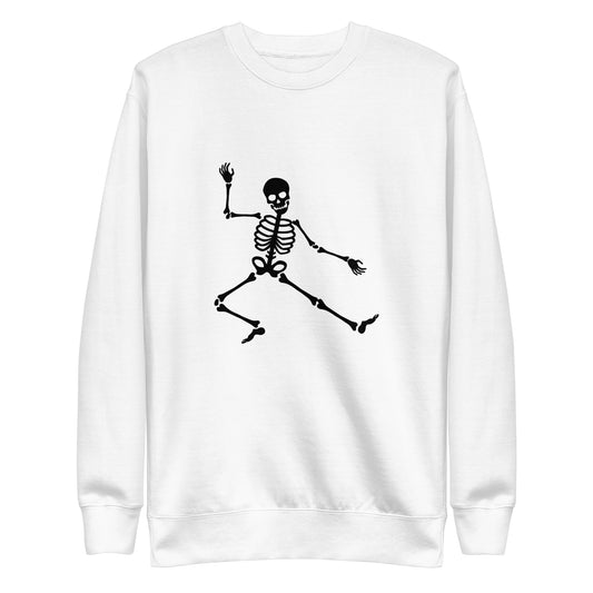 Groovy Skeleton Dance Premium Sweatshirt - LUDE fashion, streetwear, unique designs, custom apparel, gift ideas, trendy, eco-friendly, statement pieces, graphic tees, sustainable fashion, minimalist, pop culture, creative prints, bold designs, limited edition, casual wear, artistic, lifestyle