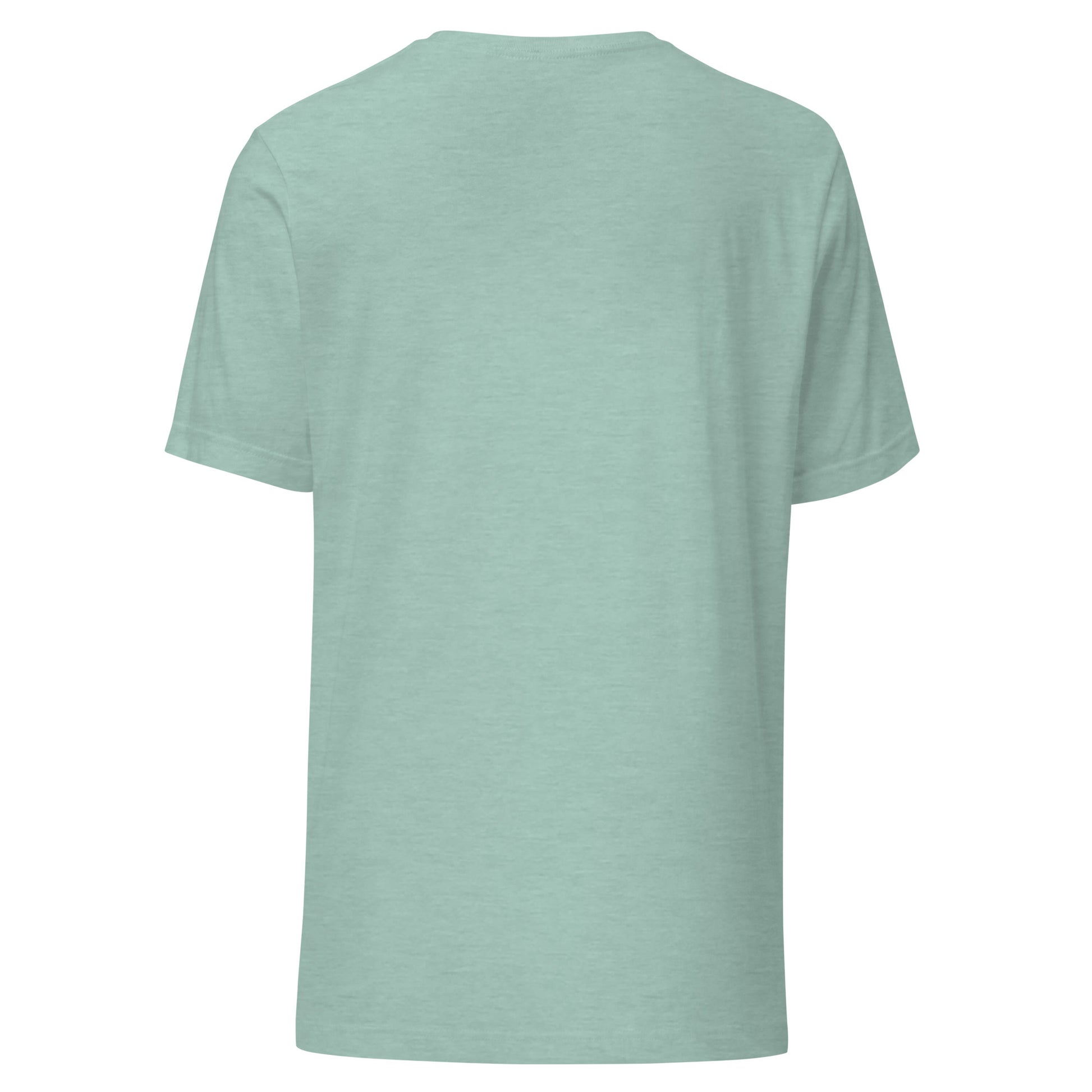 "Back view of the Splash of Melody unisex t-shirt in soft green, featuring minimalist design for eco-friendly casual wear."