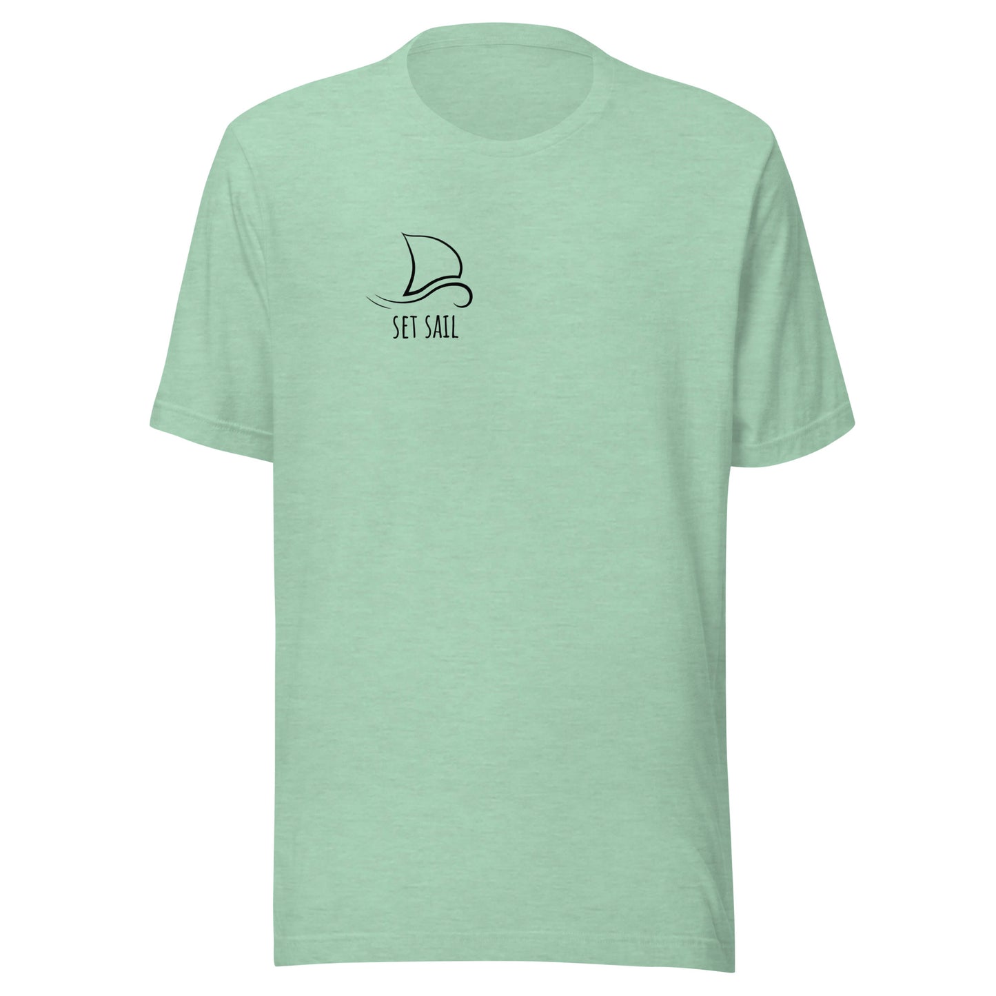 Mint green unisex t-shirt with "Set Sail" graphic, soft lightweight cotton, trendy eco-friendly fashion, perfect minimalist casual wear.