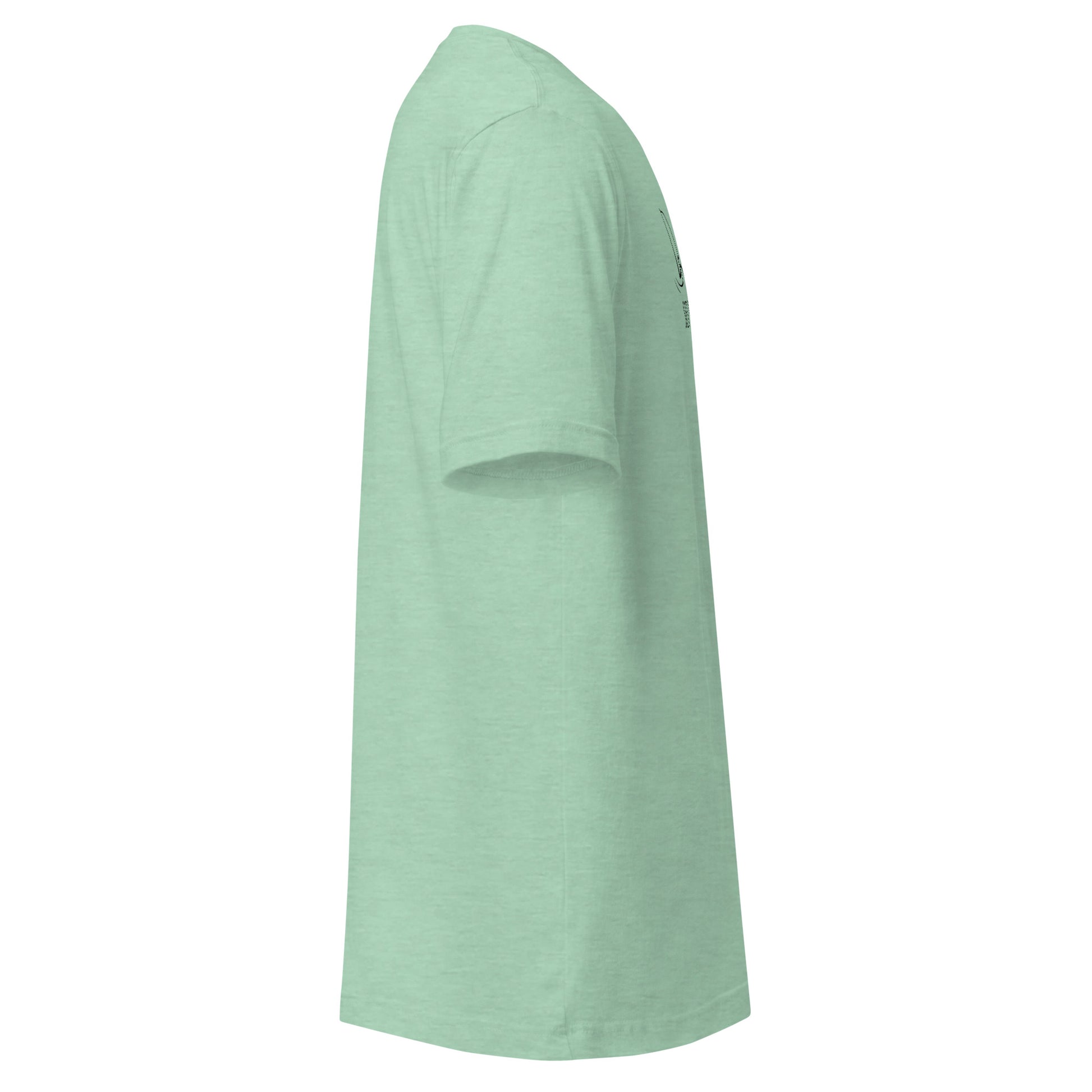 Side view of mint green unisex t-shirt showcasing minimalist design and eco-friendly fashion.