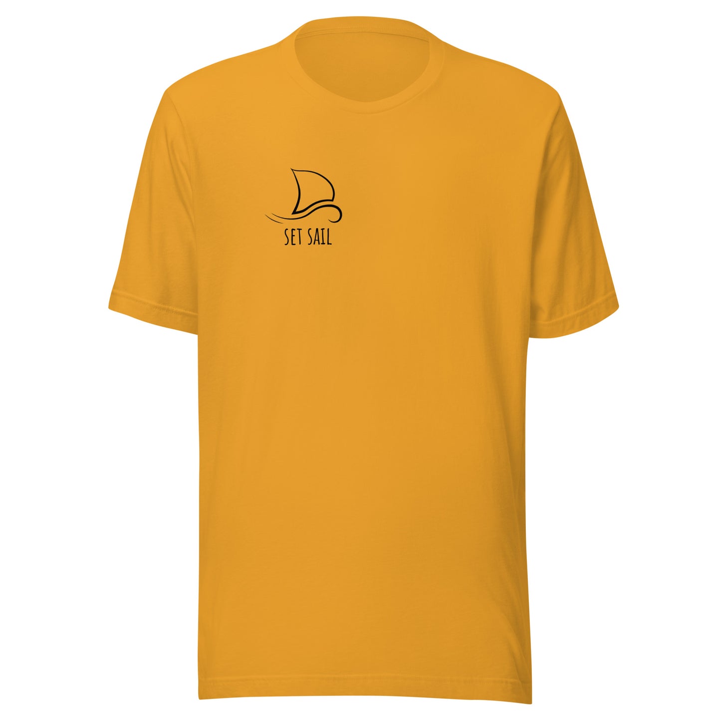 Yellow unisex t-shirt with sailboat design, eco-friendly fashion, sustainable print, custom apparel, trendy streetwear statement piece.