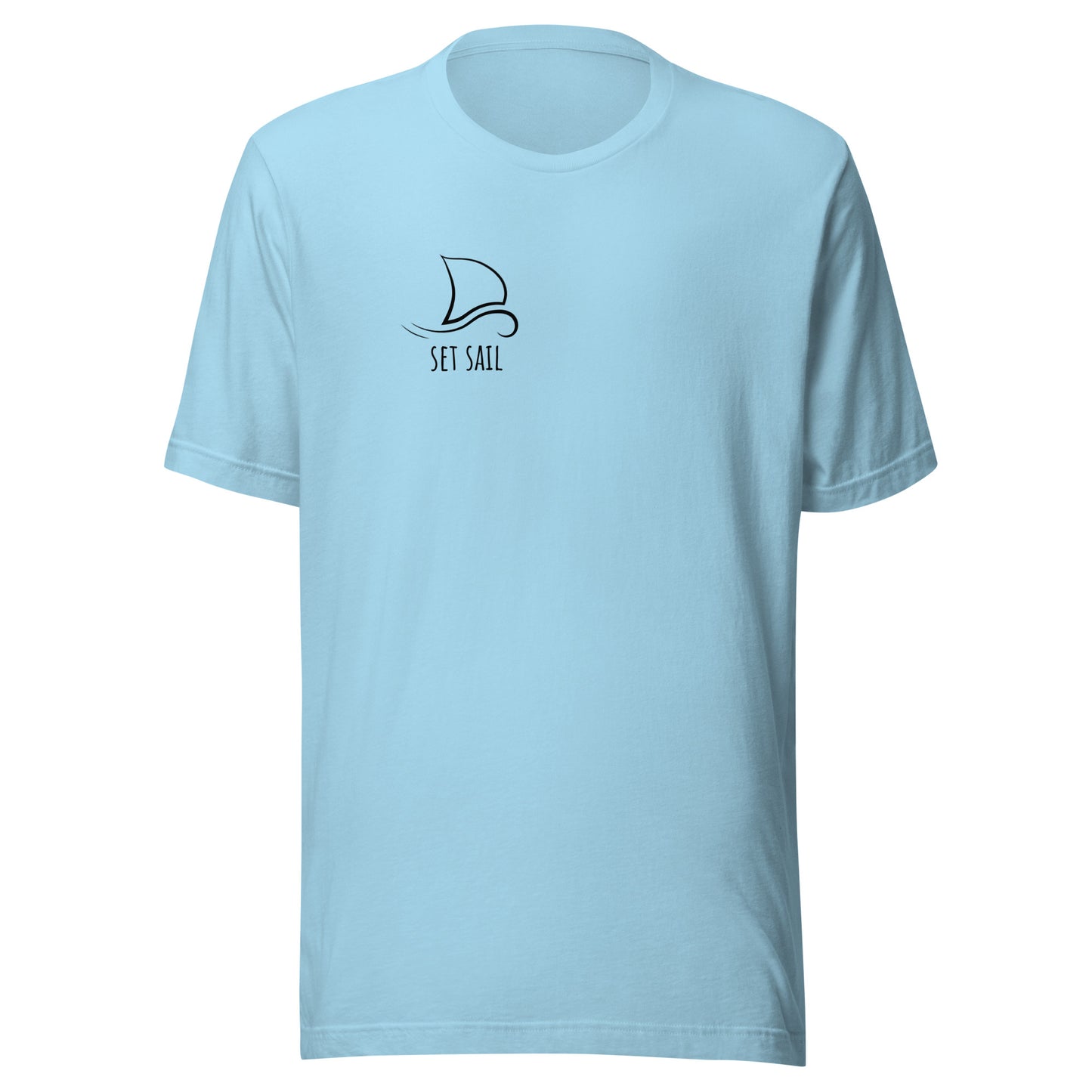 Light blue unisex t-shirt with "Set Sail" design, minimalist eco-friendly fashion, casual streetwear, trendy graphic tee.