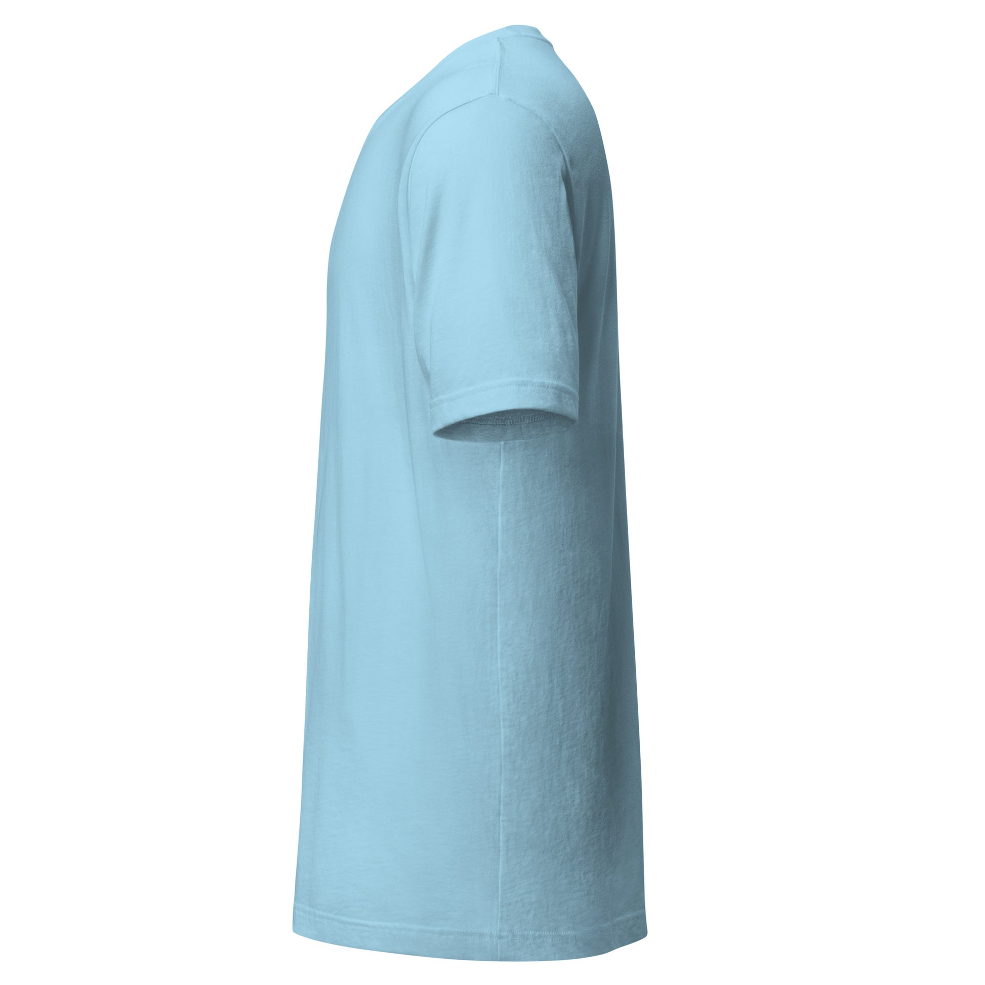 Light blue unisex t-shirt side view, soft and lightweight fabric, eco-friendly and sustainable fashion statement piece.