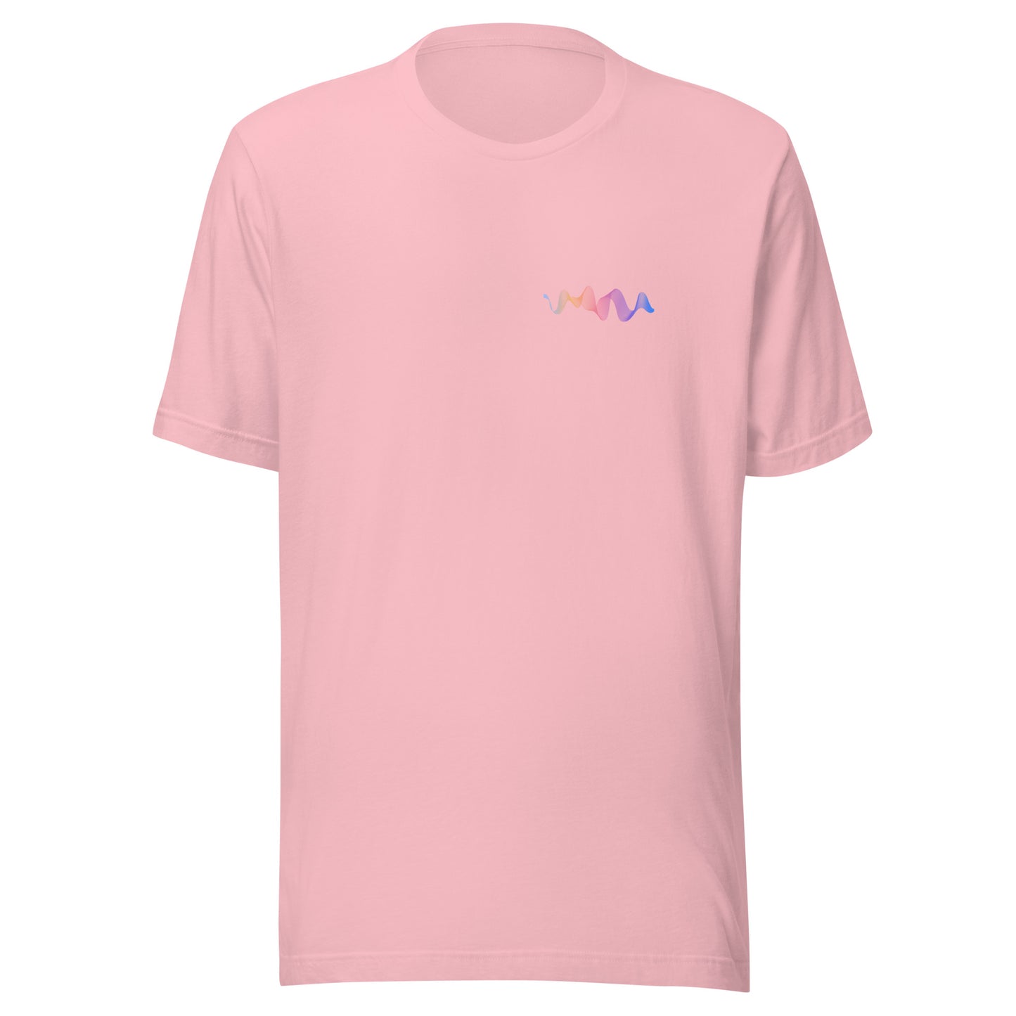 Pink unisex t-shirt with a minimalist wave design, featuring eco-friendly cotton blend for sustainable fashion.