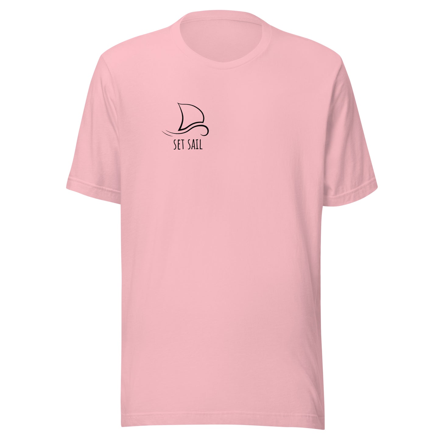 Pink unisex t-shirt with "Set Sail" design, minimalist fashion, eco-friendly fabric, perfect for casual wear and unique statement pieces.