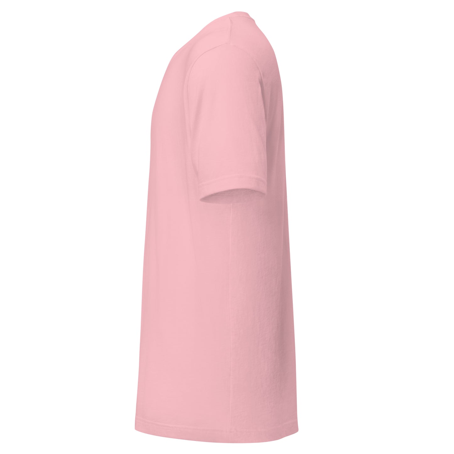 Unisex pink t-shirt side view, featuring soft lightweight fabric, perfect for sustainable fashion and minimalistic streetwear style.