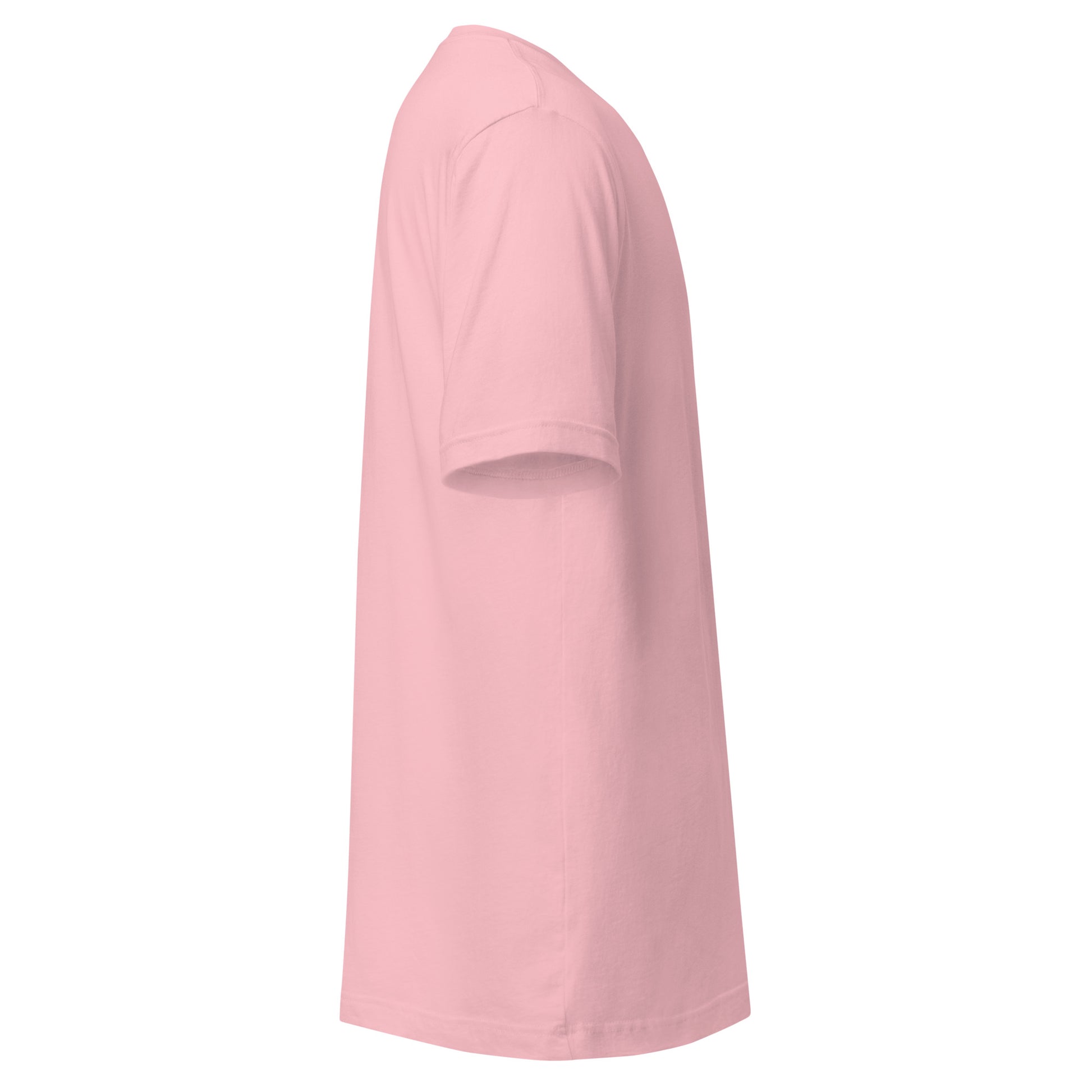 Pink unisex t-shirt side view, showcasing minimalist design, eco-friendly material, perfect for trendy and sustainable casual wear.