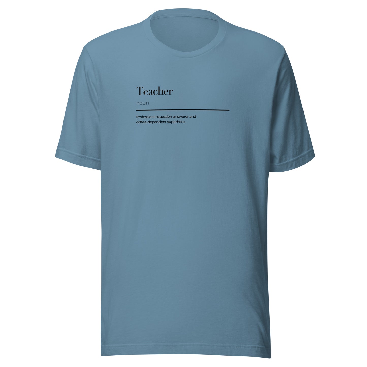 Unisex blue teacher wordplay t-shirt with unique design, perfect for fashion enthusiasts seeking trendy, sustainable casual wear.