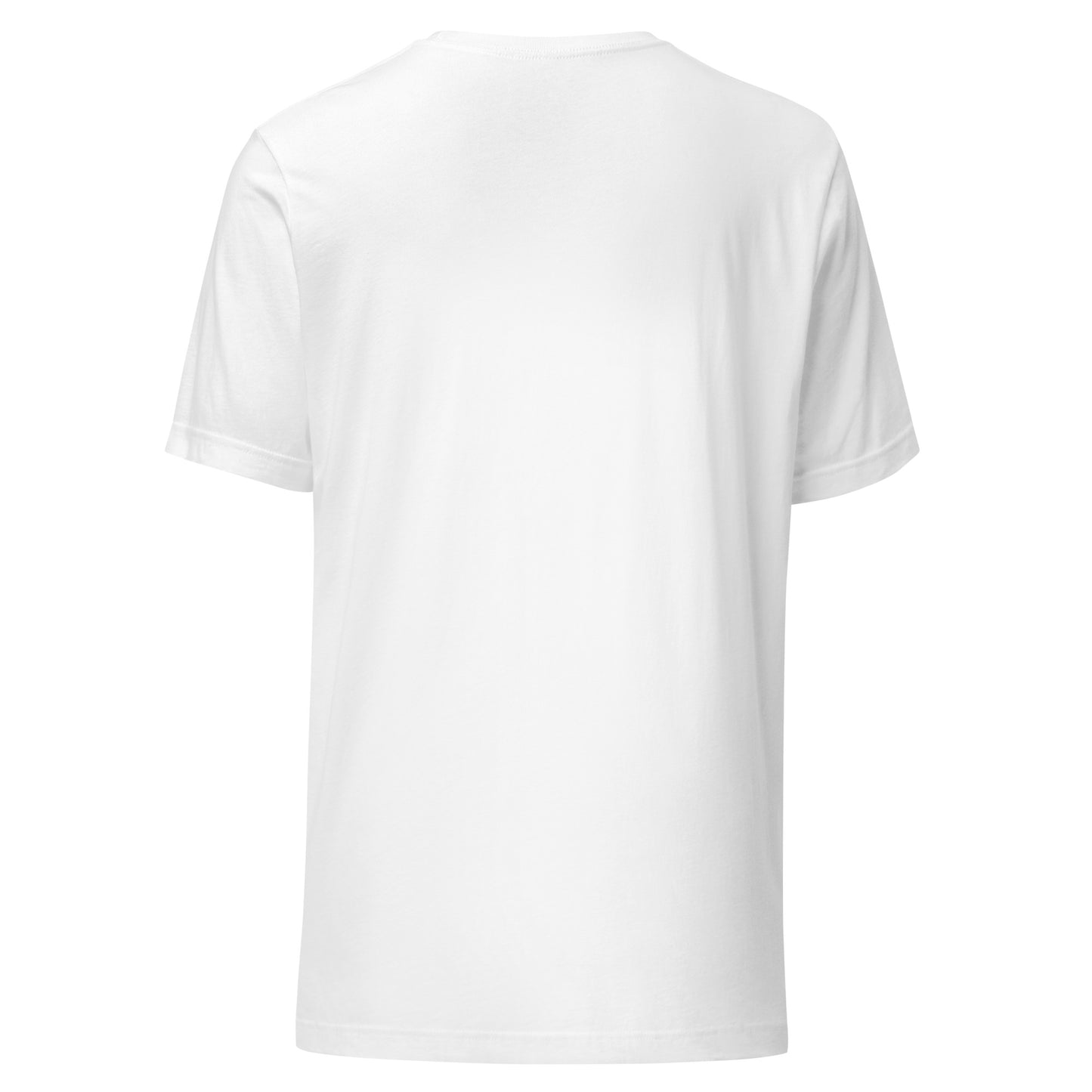 Unisex white t-shirt back view, soft lightweight fabric, minimalist streetwear fashion, perfect for statement and casual wear.