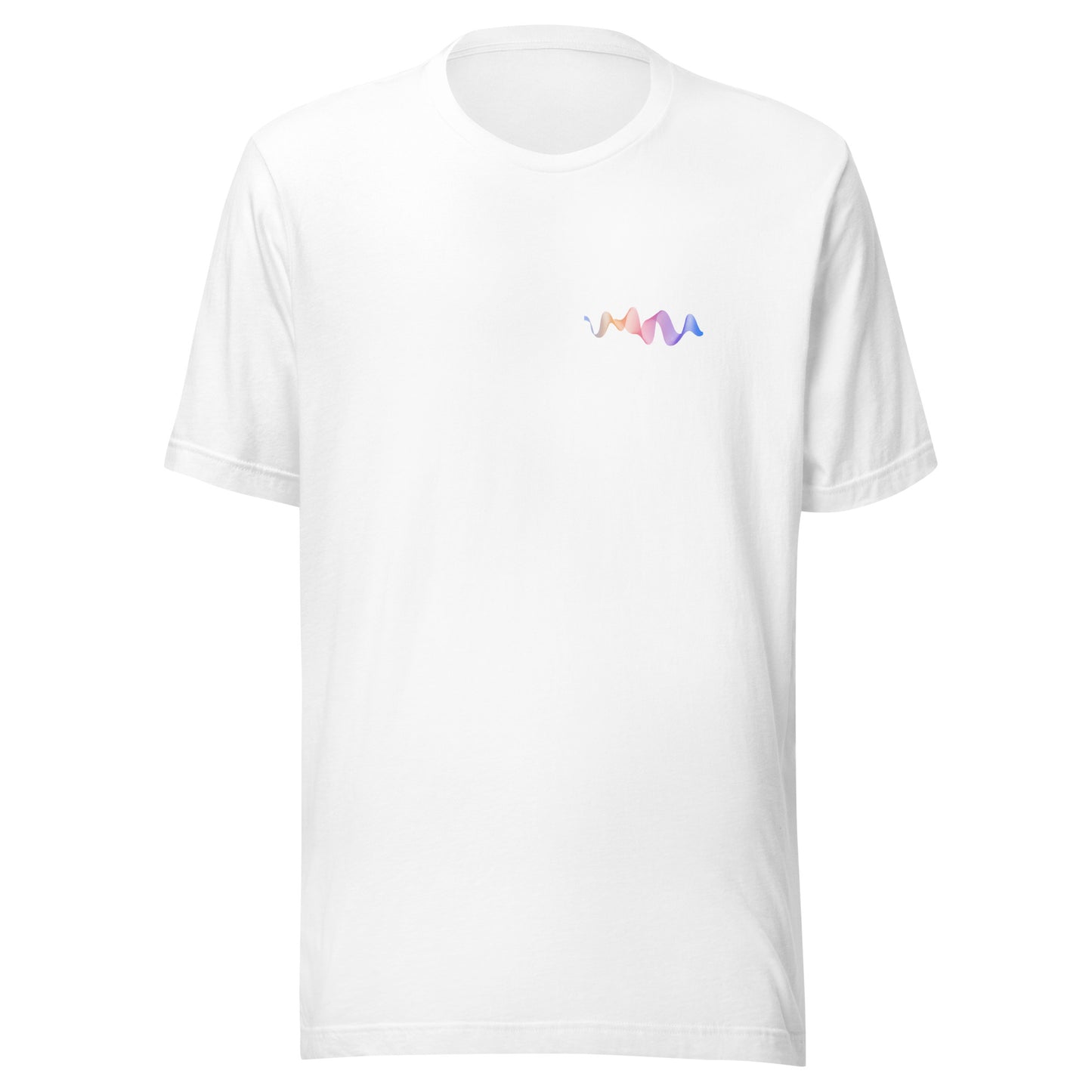 Unisex white t-shirt with colorful minimalist wave design, soft fabric, eco-friendly, perfect for casual wear and street fashion.